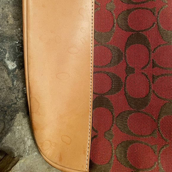 Coach Signature Zip Top Tote Red Canvas Tan Leather Trim Handbag - Picture 6 of 9